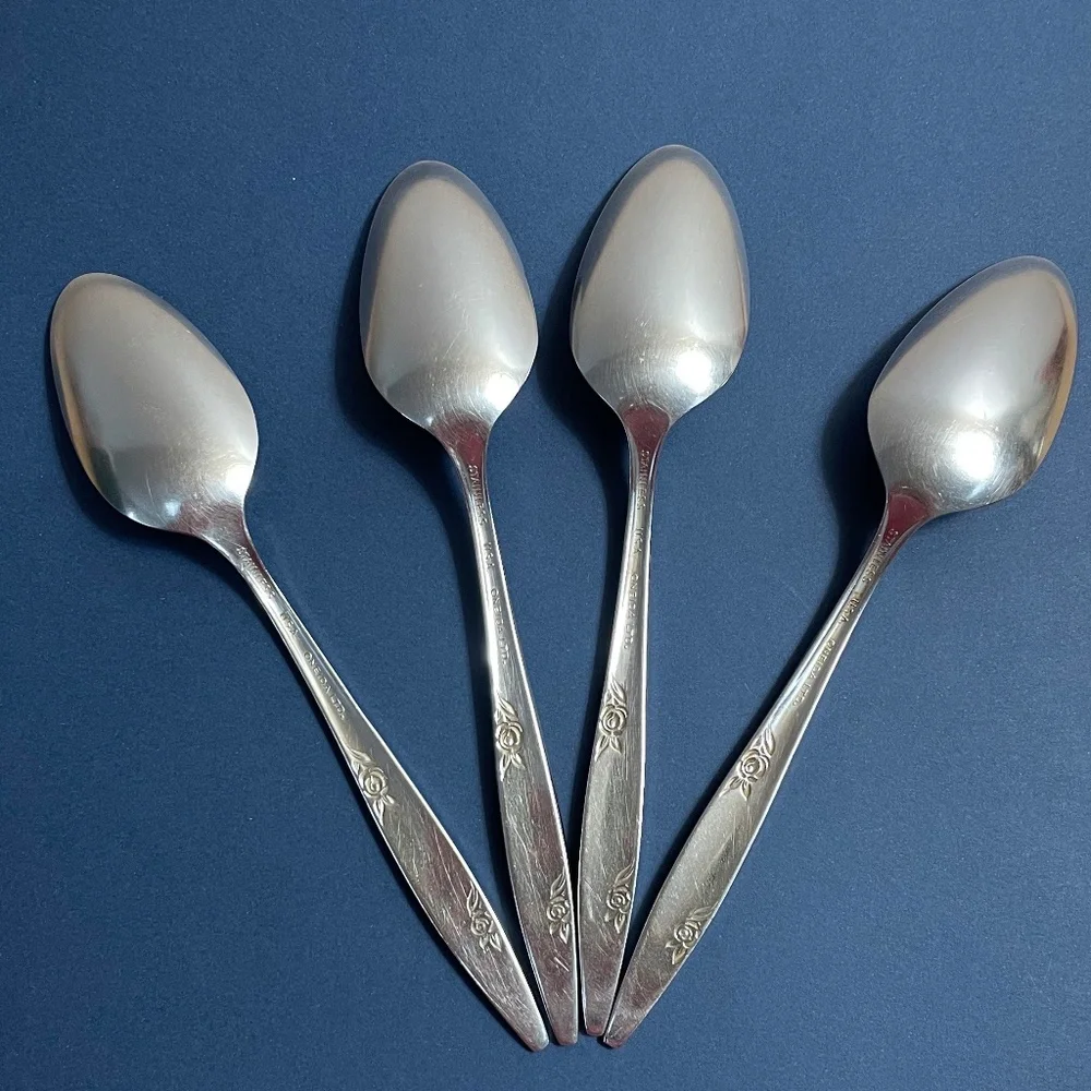 Oneida Stainless Flatware Rose Duet Pattern 4 Teaspoons HTF Pattern Made in USA